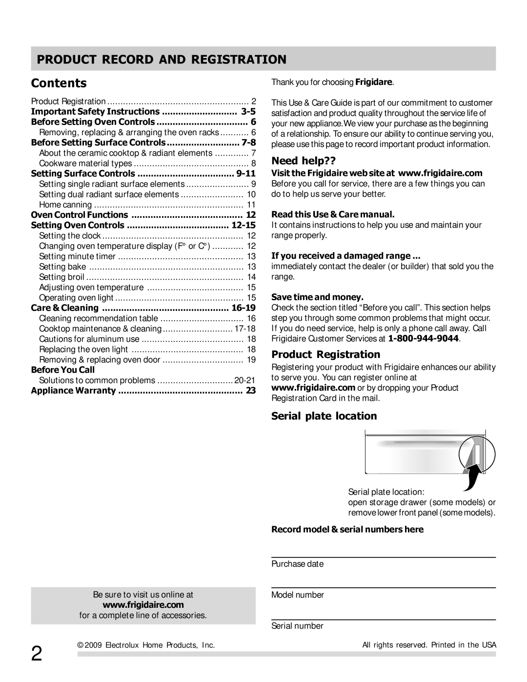 Frigidaire FFEF3013LB, 316902209, FFEF3013LM, FFEF3043LSPKG, FFEF3012LS Product Record and Registration, Contents 