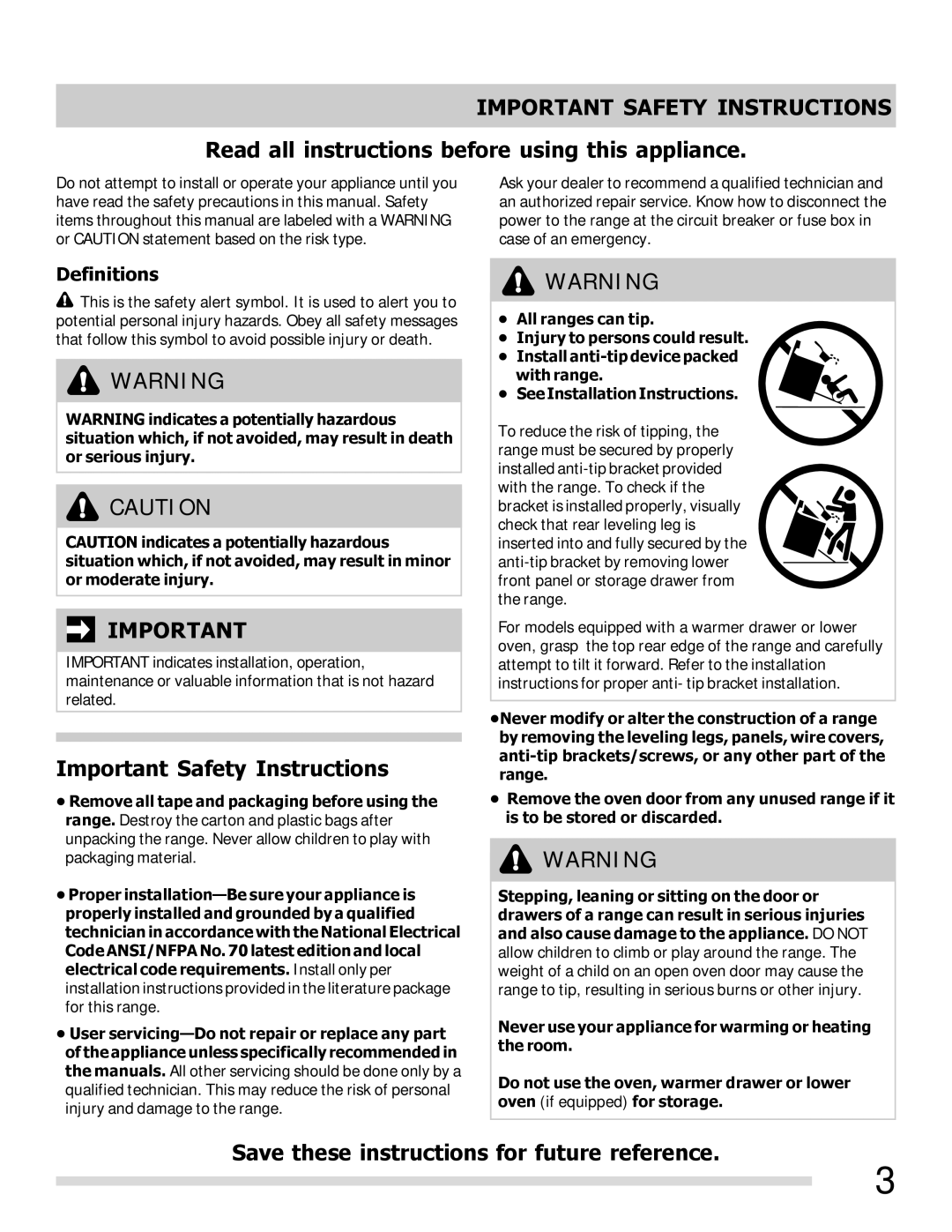 Frigidaire FFEF3013LM, 316902209, FFEF3013LB, FFEF3043LSPKG, FFEF3012LS Important Safety Instructions, Definitions 