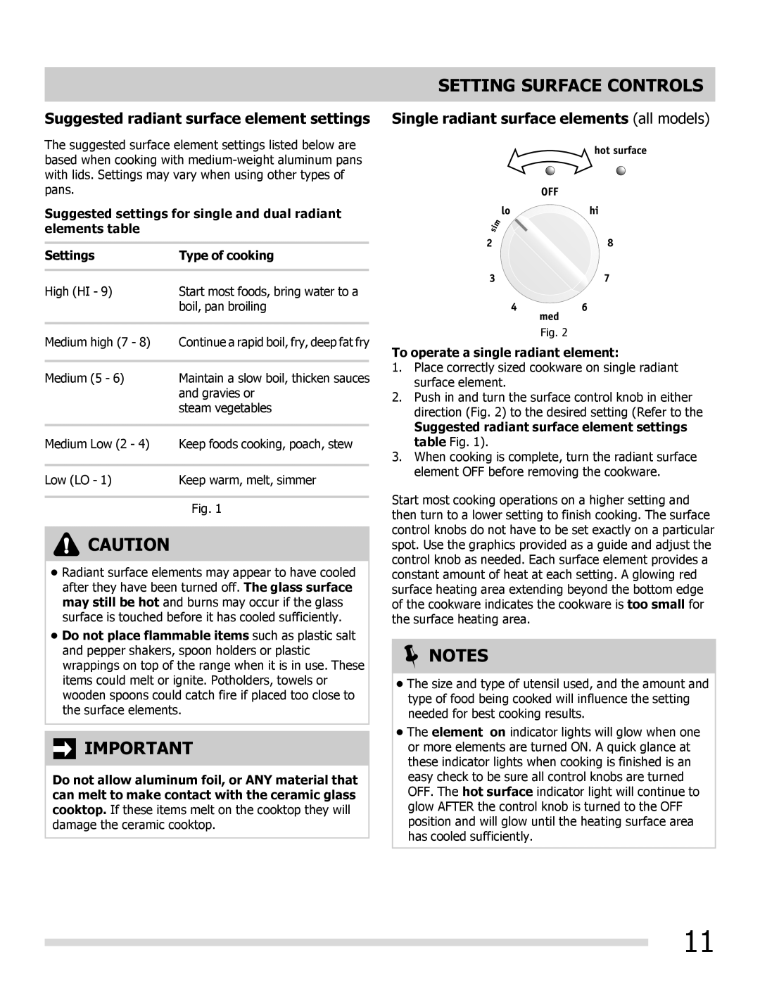 Frigidaire FGEF3055MF, 316902222REVA Setting Surface Controls, Suggested radiant surface element settings table Fig 