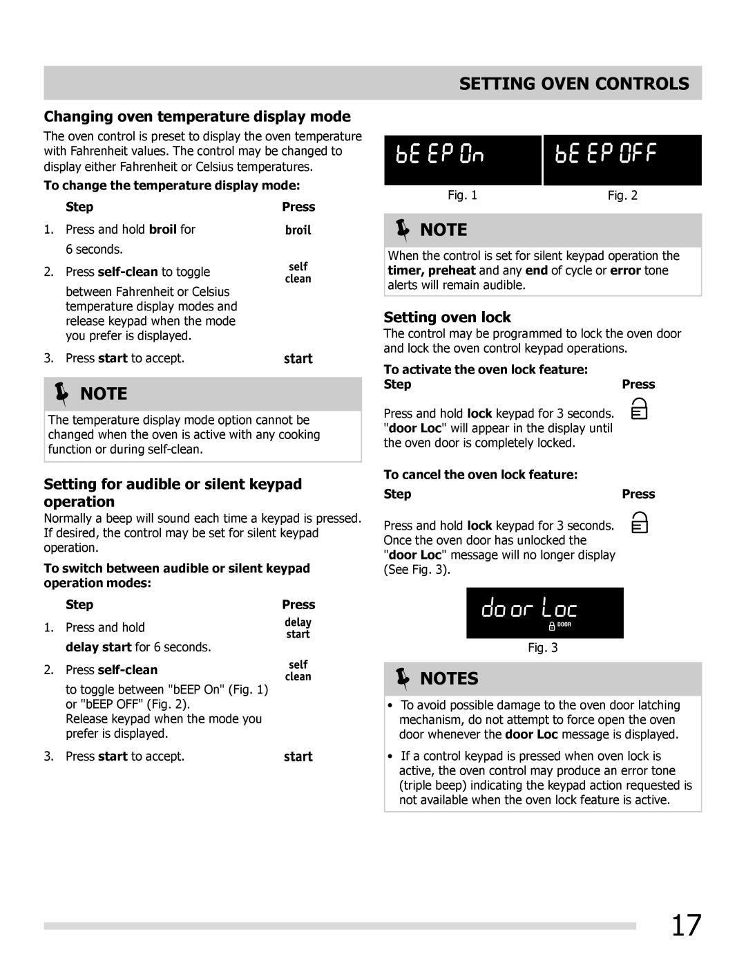 Frigidaire FGEF3055MB, FGEF3055MW Changing oven temperature display mode, Setting for audible or silent keypad operation 