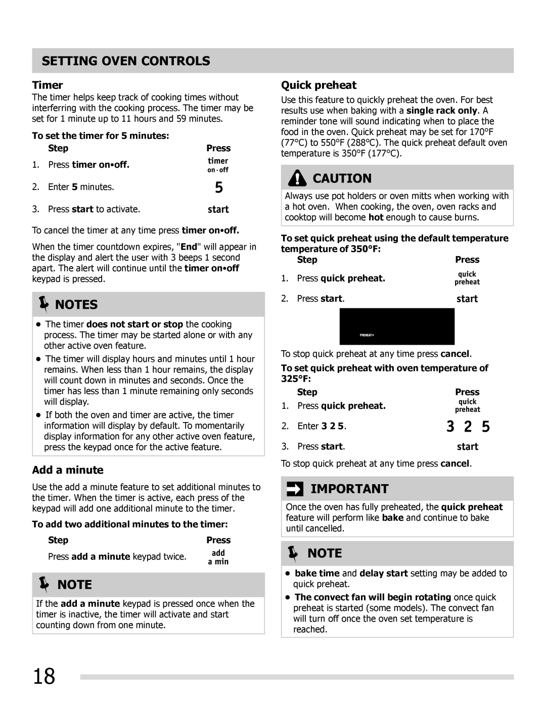 Frigidaire FGEF3055MW Timer, Add a minute, Quick preheat, To set the timer for 5 minutes Step Press Press timer onoff 