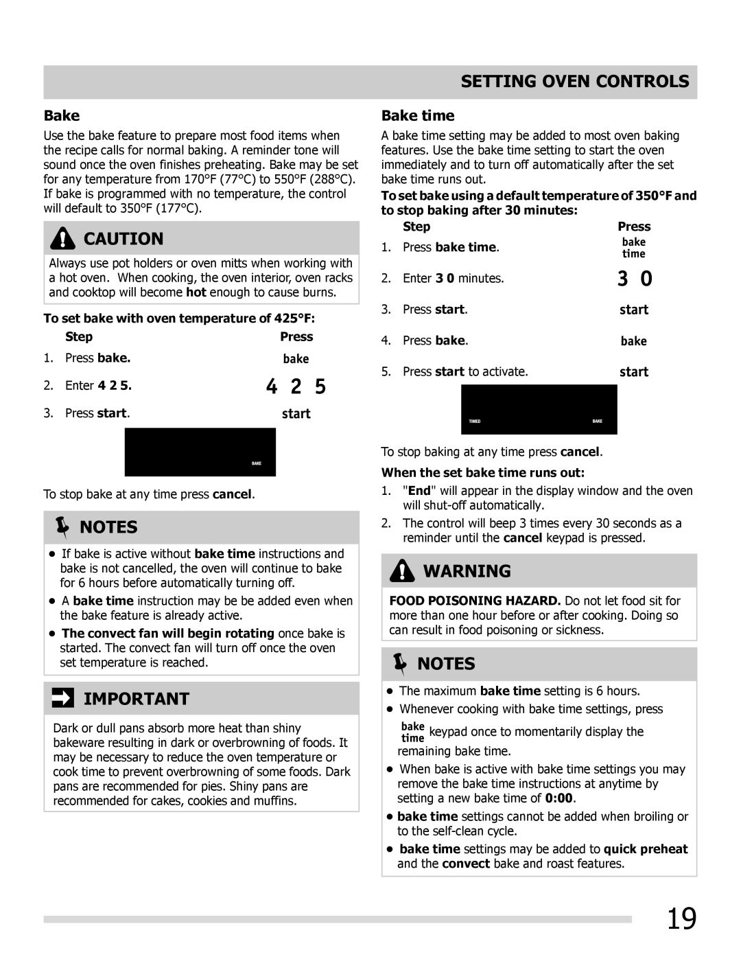 Frigidaire FGEF3055MF Bake time, To set bake with oven temperature of 425F Step Press, When the set bake time runs out 