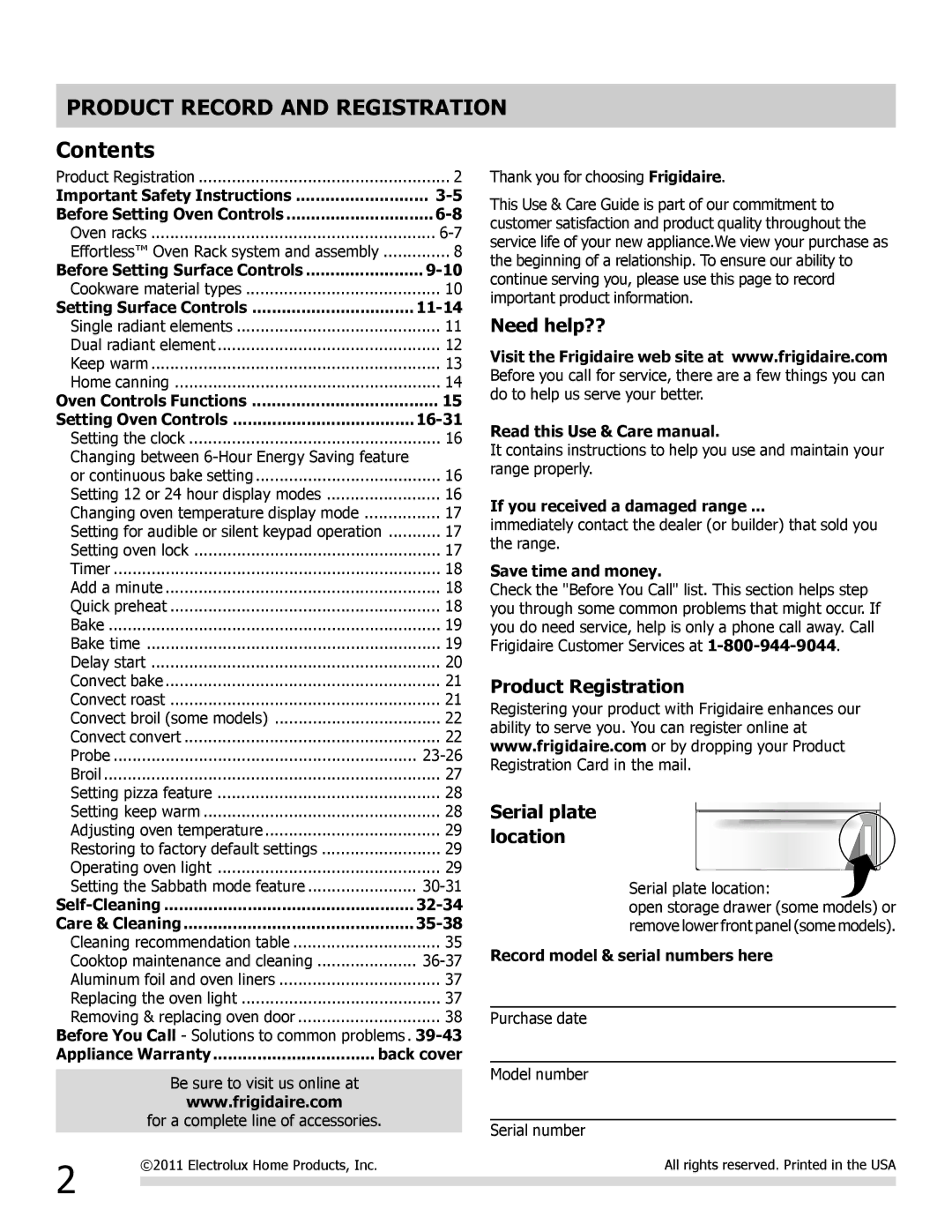 Frigidaire FGEF3055MW, 316902222REVA, FGEF3055MB, FGEF3055MF Product Record and Registration, Contents 