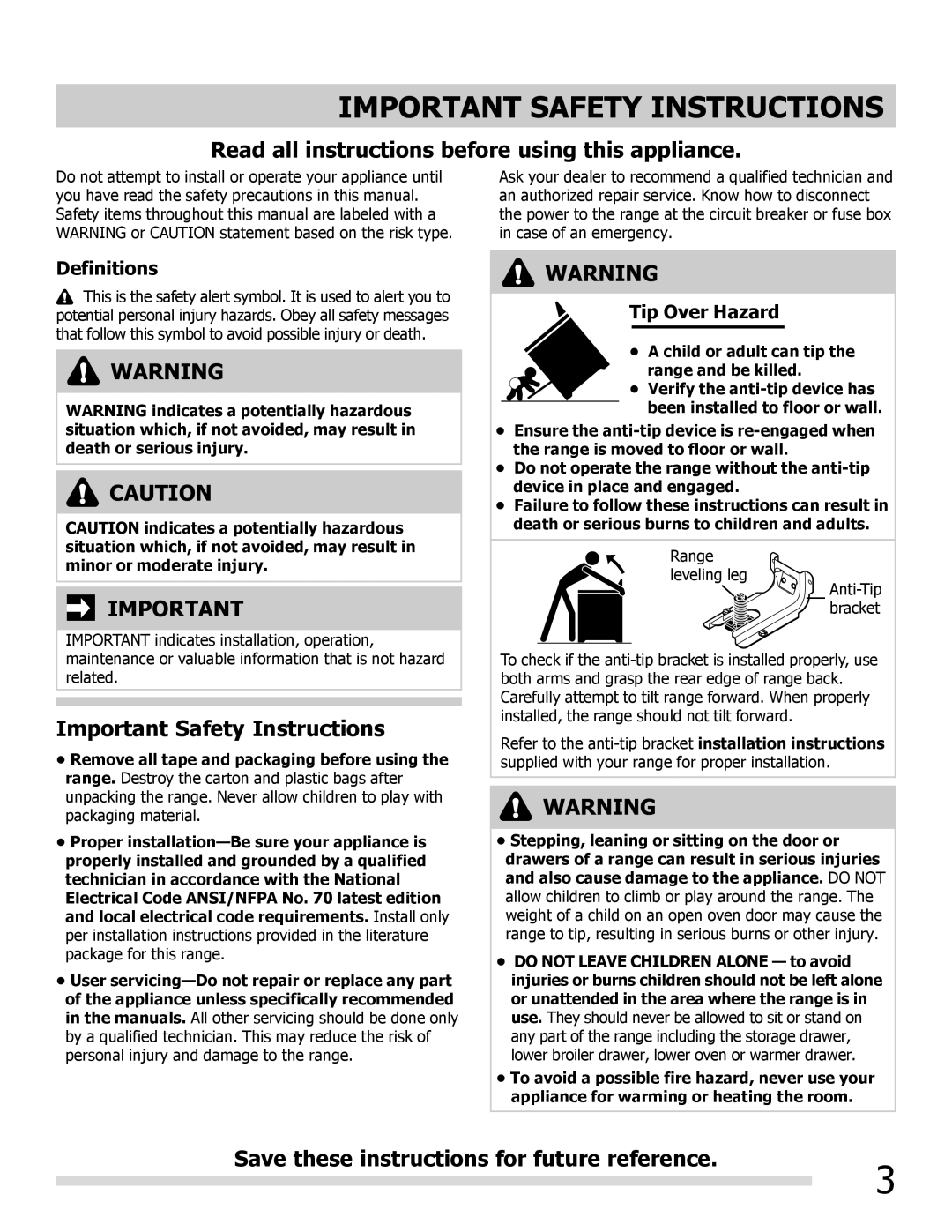 Frigidaire FGEF3055MF, 316902222REVA, FGEF3055MB, FGEF3055MW important safety instructions Definitions, Tip Over Hazard 