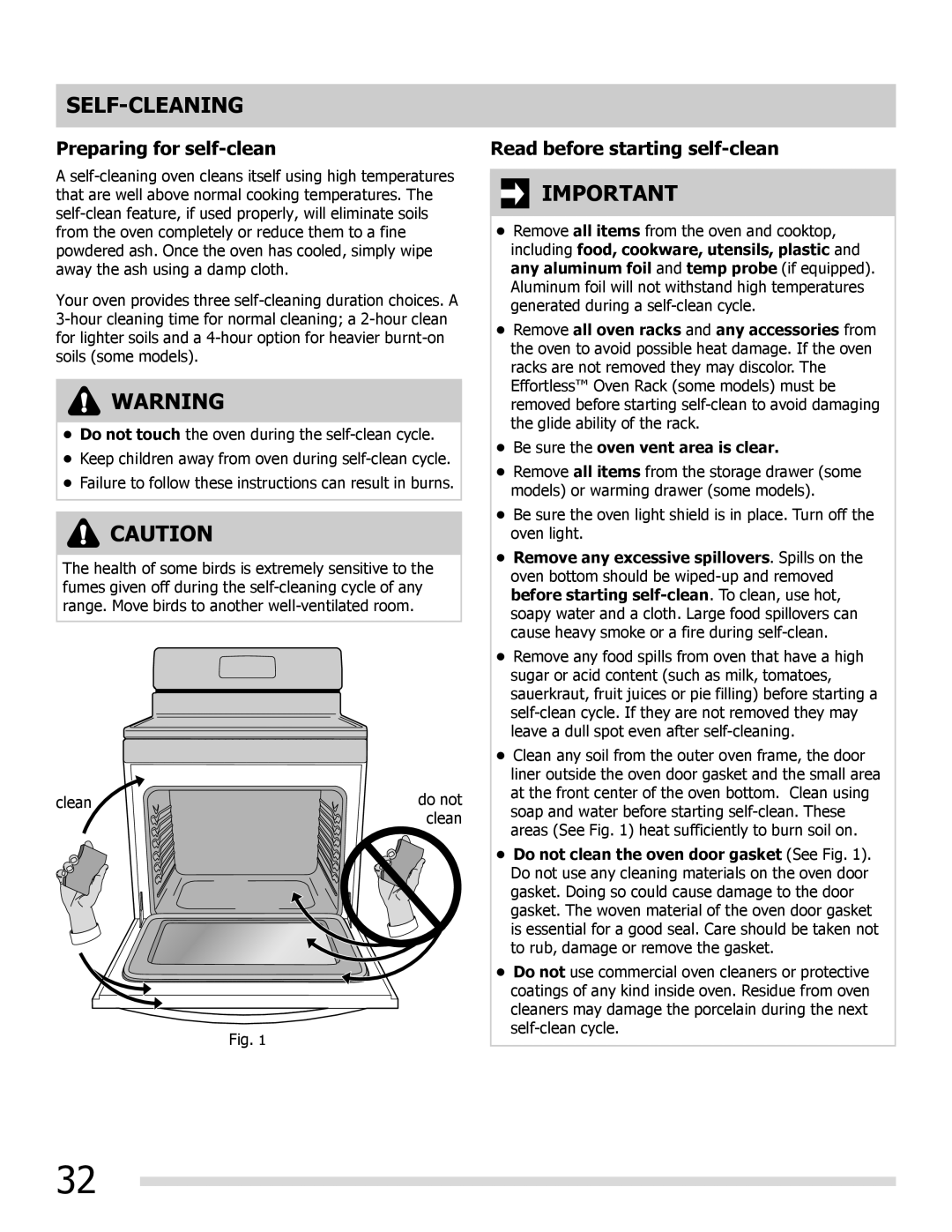 Frigidaire 316902222REVA, FGEF3055MB, FGEF3055MW Self-Cleaning, Preparing for self-clean, Read before starting self-clean 