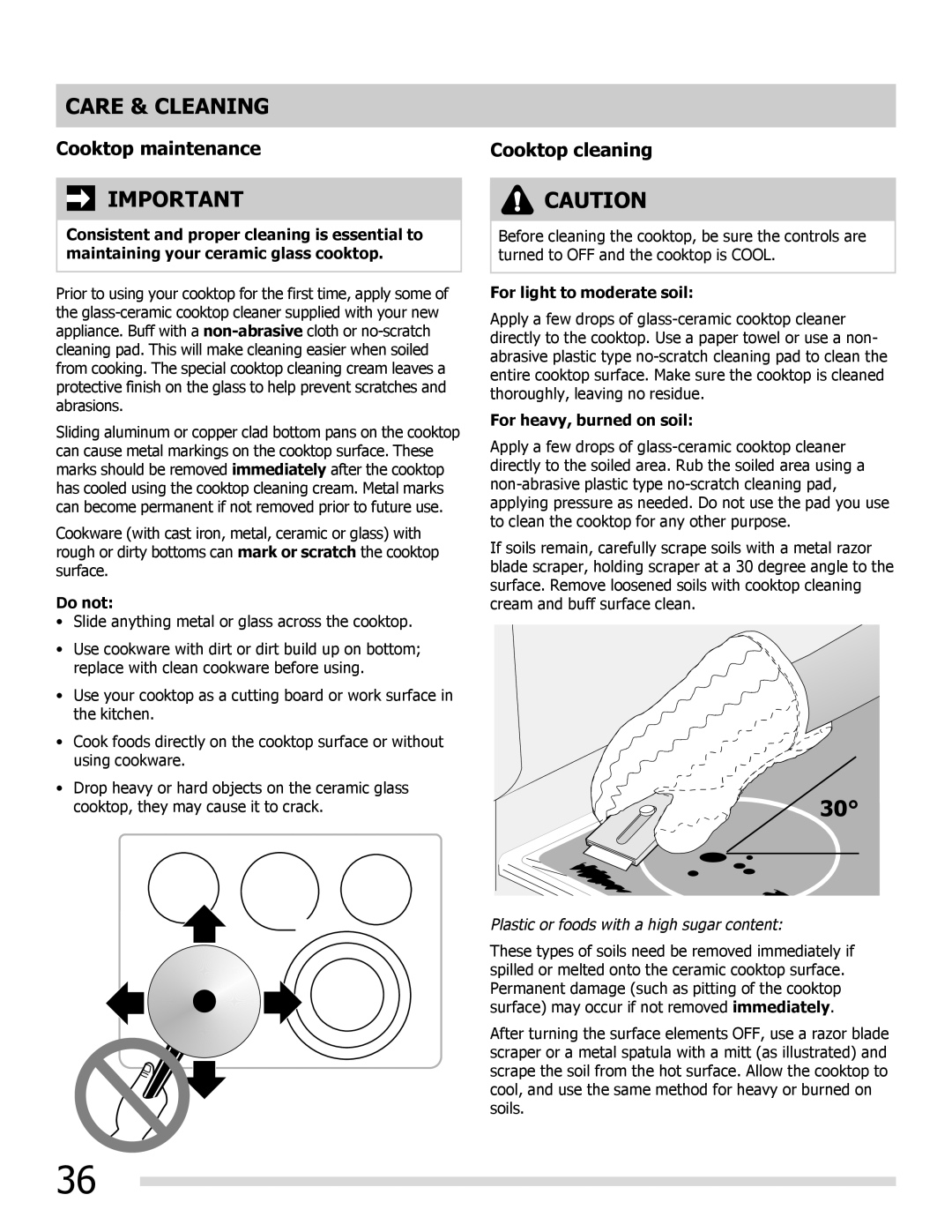 Frigidaire 316902222REVA, FGEF3055MB, FGEF3055MW Cooktop maintenance, Cooktop cleaning, Do not, For light to moderate soil 