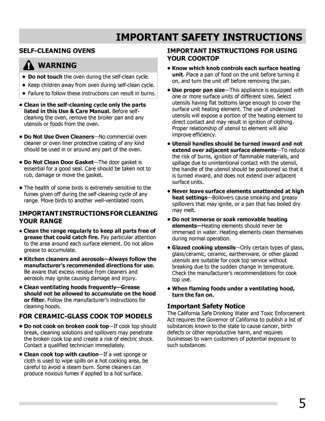 Frigidaire FGEF3055MB, 316902222REVA Important Safety Notice, When flaming foods under a ventilating hood, turn the fan on 