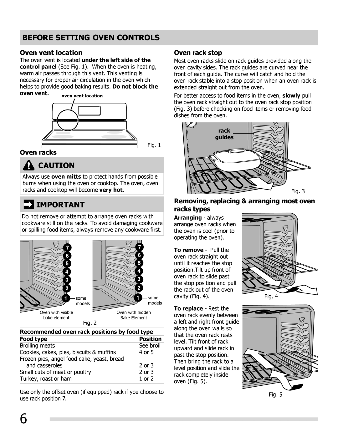 Frigidaire FGEF3055MW, 316902222REVA Before Setting Oven Controls, Oven vent location, Oven racks, Oven rack stop 