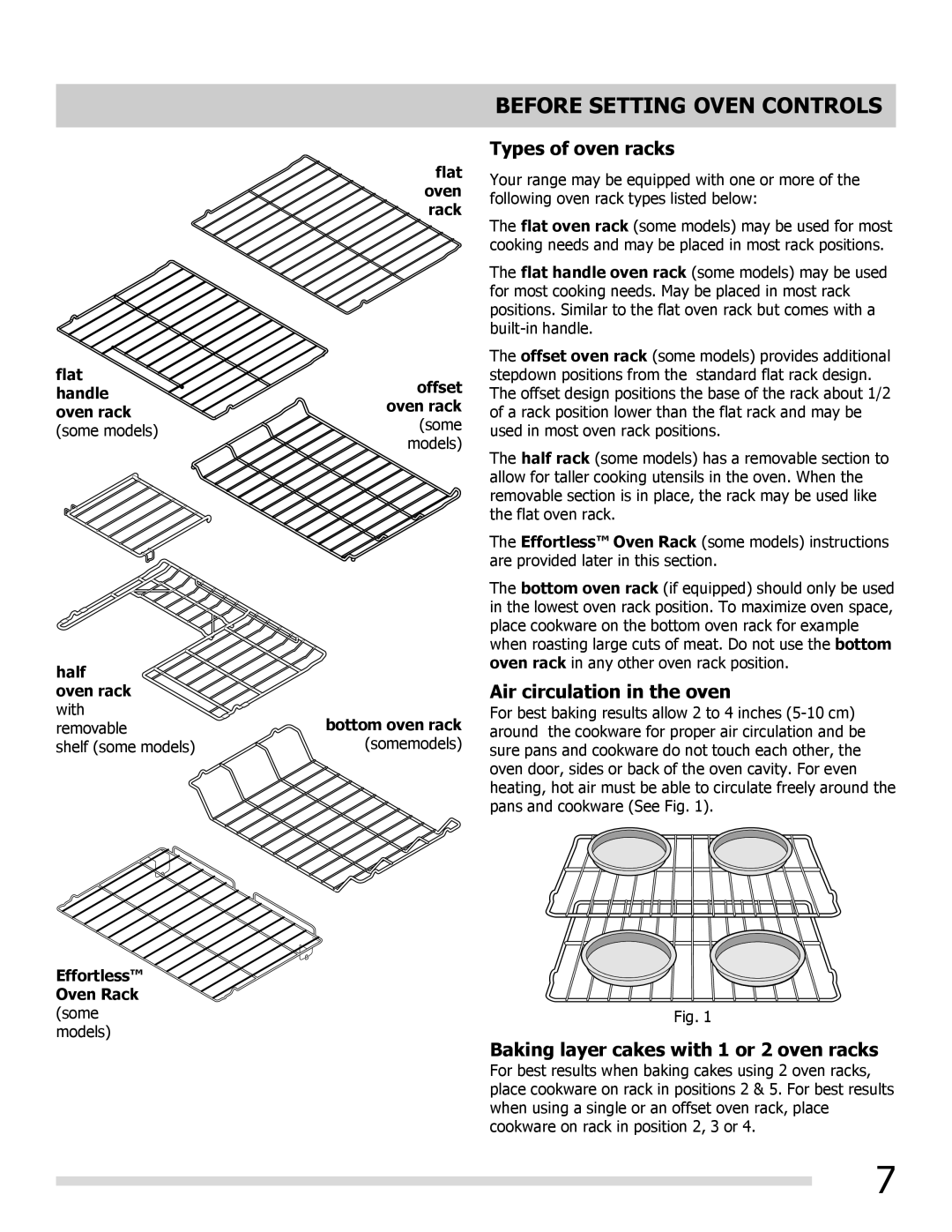 Frigidaire FGEF3055MF Types of oven racks, Air circulation in the oven, Baking layer cakes with 1 or 2 oven racks 