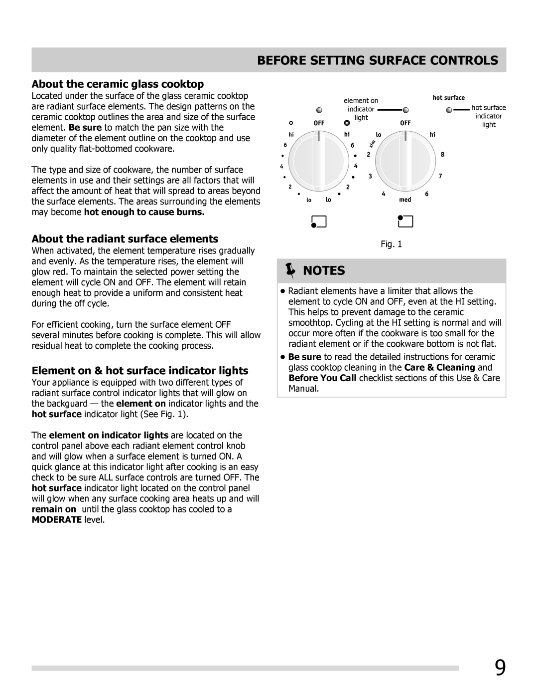 Frigidaire FGEF3055MB Before Setting Surface Controls, About the ceramic glass cooktop, About the radiant surface elements 