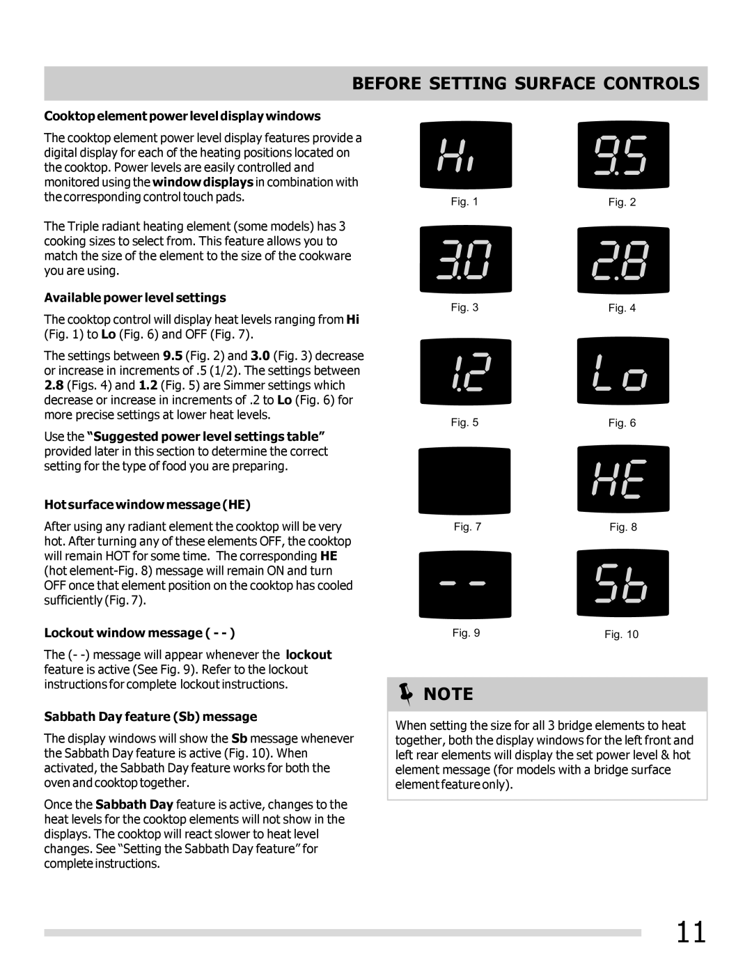 Frigidaire 316902300 Cooktop element power level display windows, Available power level settings, Lockout window message 