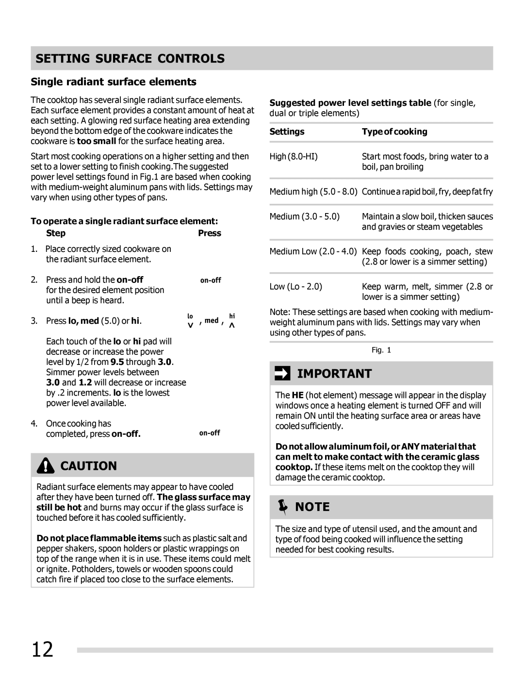 Frigidaire 316902300 important safety instructions Setting Surface Controls, Single radiant surface elements 