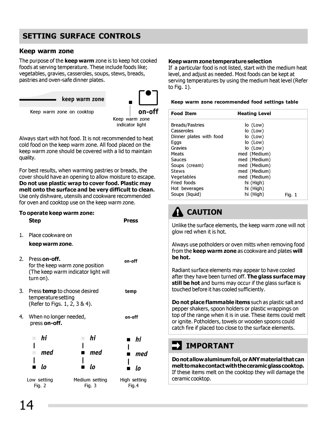 Frigidaire 316902300 important safety instructions Press on-off, Keep warm zone temperature selection 