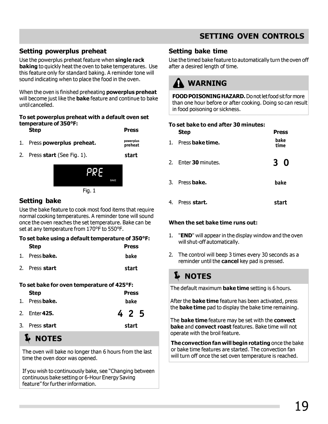 Frigidaire 316902300 Setting powerplus preheat, Setting bake time, When the set bake time runs out 