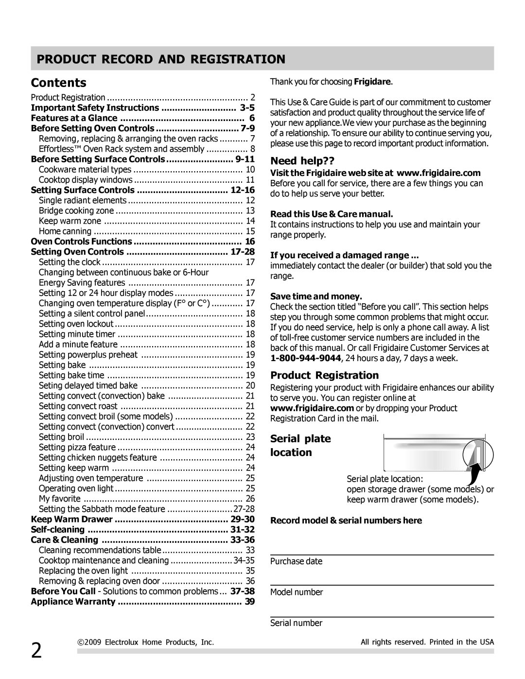 Frigidaire 316902300 important safety instructions Product Record and Registration, Contents 