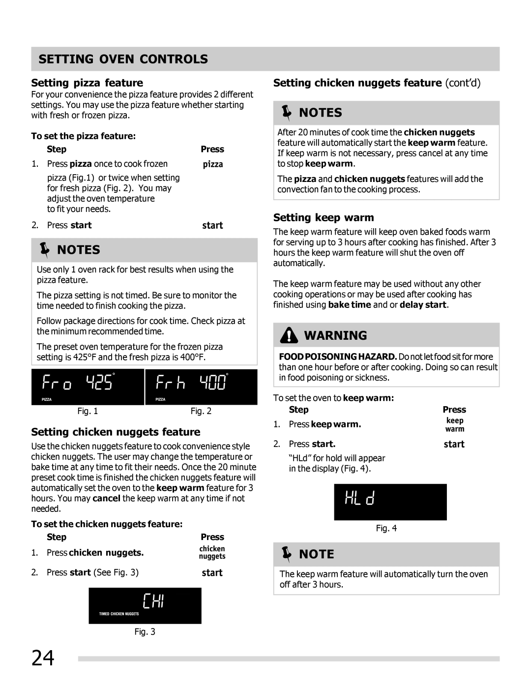 Frigidaire 316902300 Setting pizza feature, Setting chicken nuggets feature cont’d, Setting keep warm 