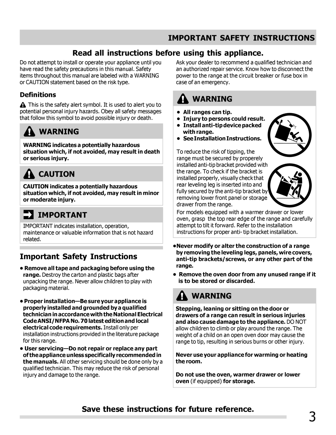 Frigidaire 316902300 important safety instructions Important Safety Instructions, Definitions 