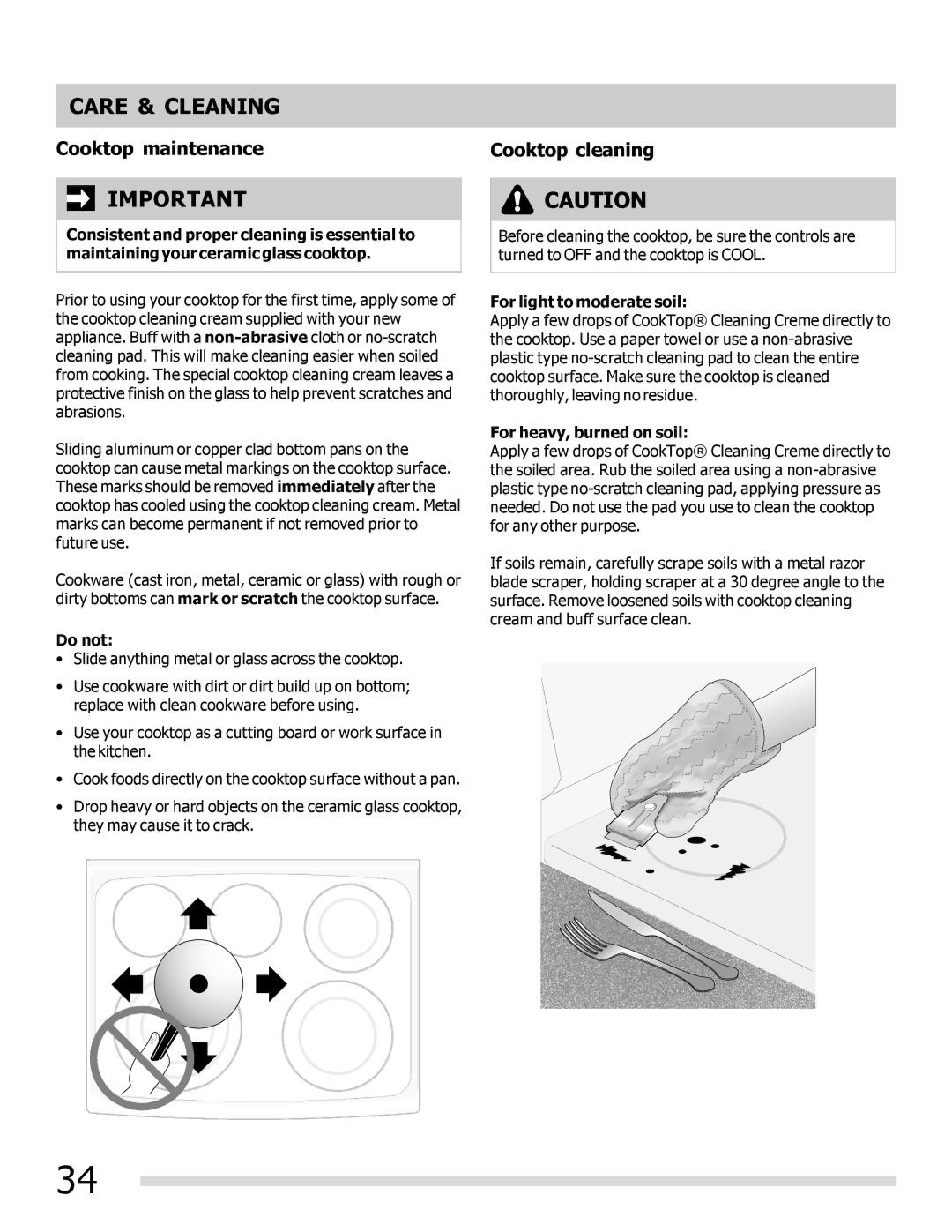 Frigidaire 316902300 Cooktop maintenance Cooktop cleaning, Do not, For light to moderate soil, For heavy, burned on soil 