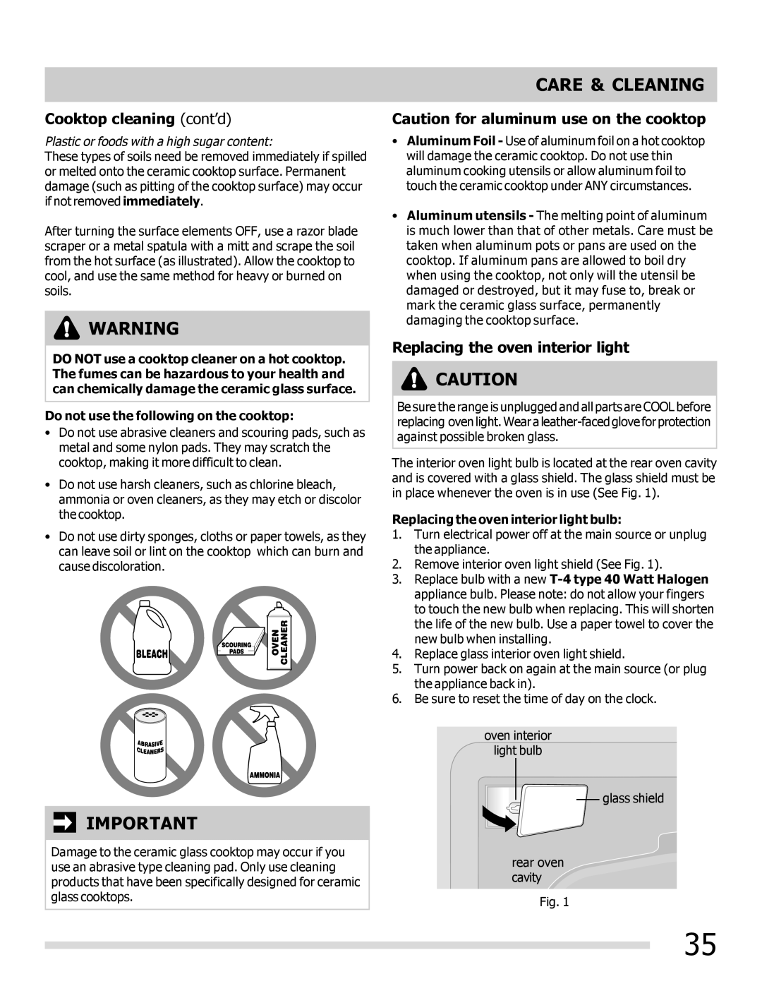 Frigidaire 316902300 important safety instructions Cooktop cleaning cont’d, Replacing the oven interior light bulb 