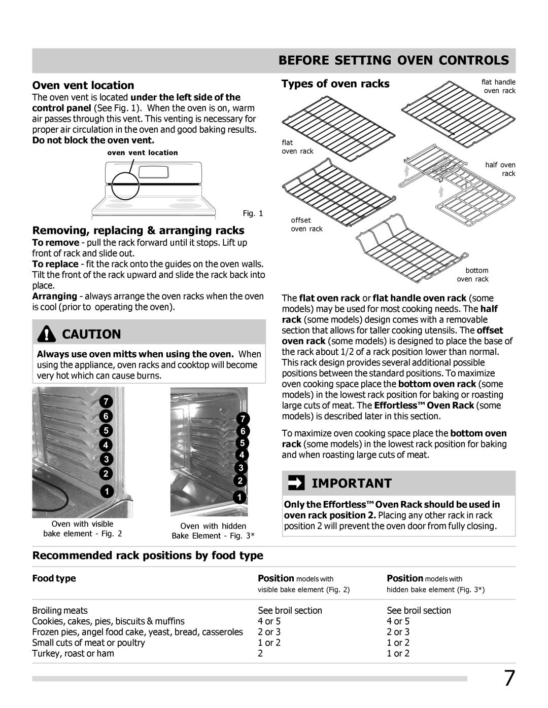 Frigidaire 316902300 Before Setting Oven Controls, Oven vent location, Removing, replacing & arranging racks 