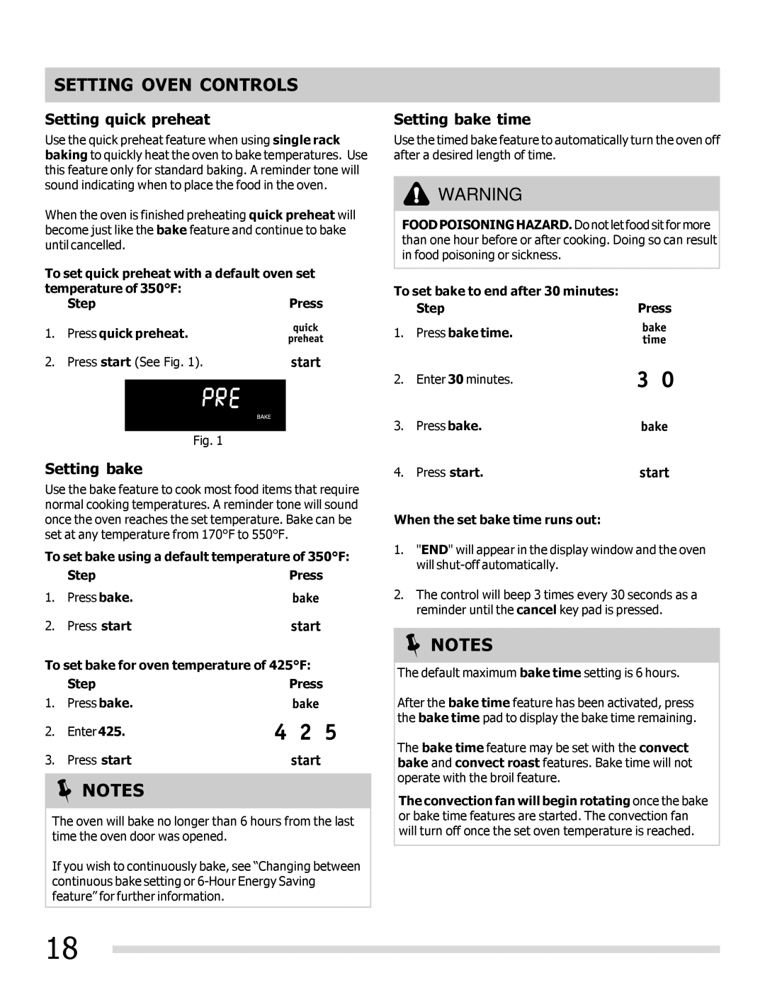 Frigidaire 316902304 Setting quick preheat, Setting bake time, When the set bake time runs out 