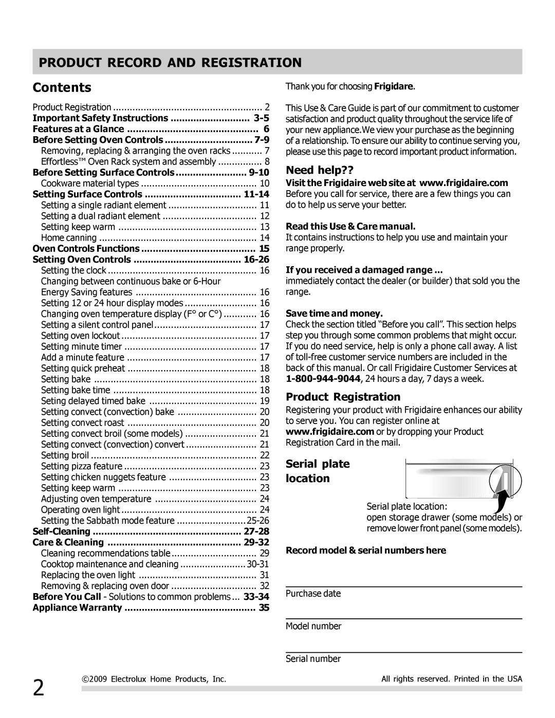 Frigidaire 316902304 important safety instructions Product Record and Registration, Contents 