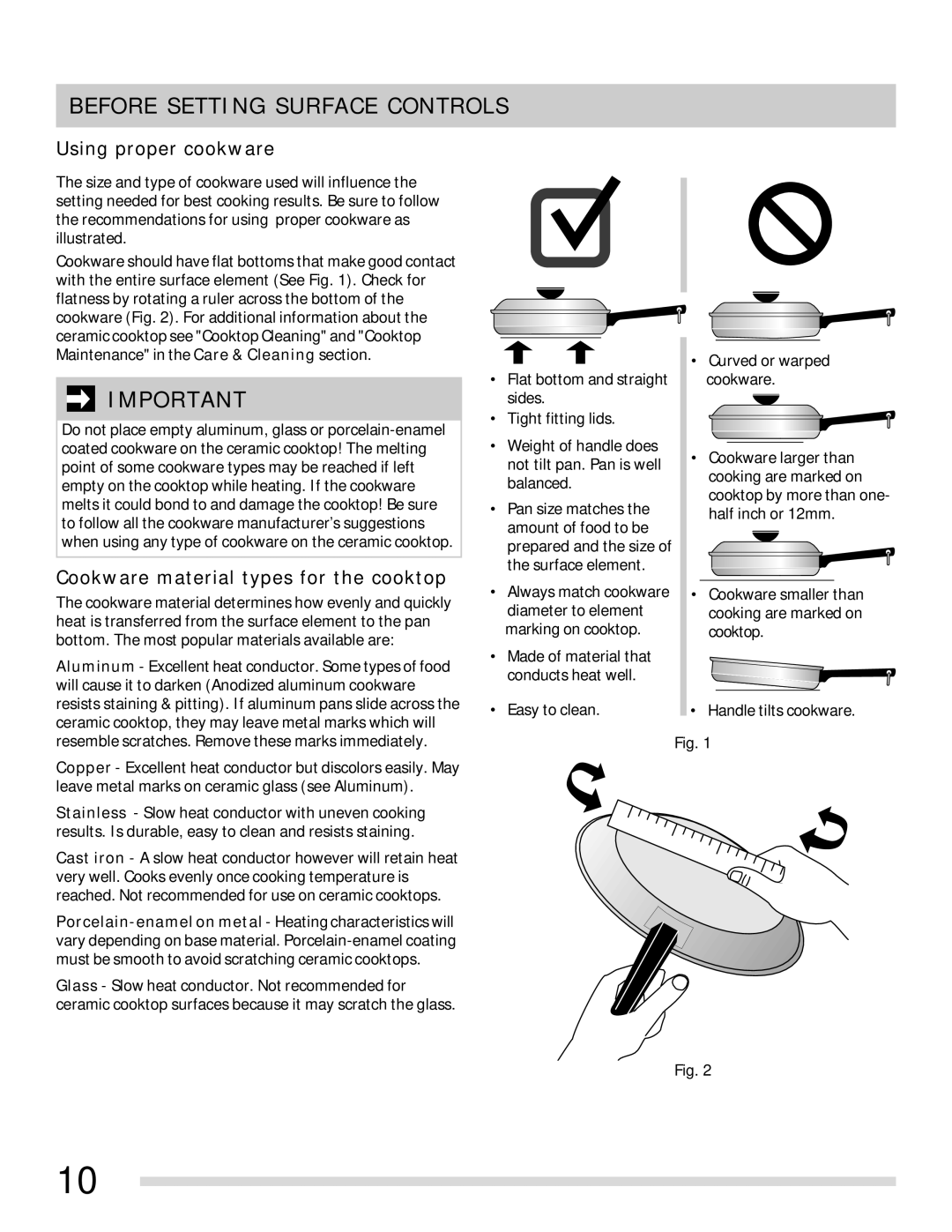 Frigidaire 316902315 important safety instructions Using proper cookware, Cookware material types for the cooktop 