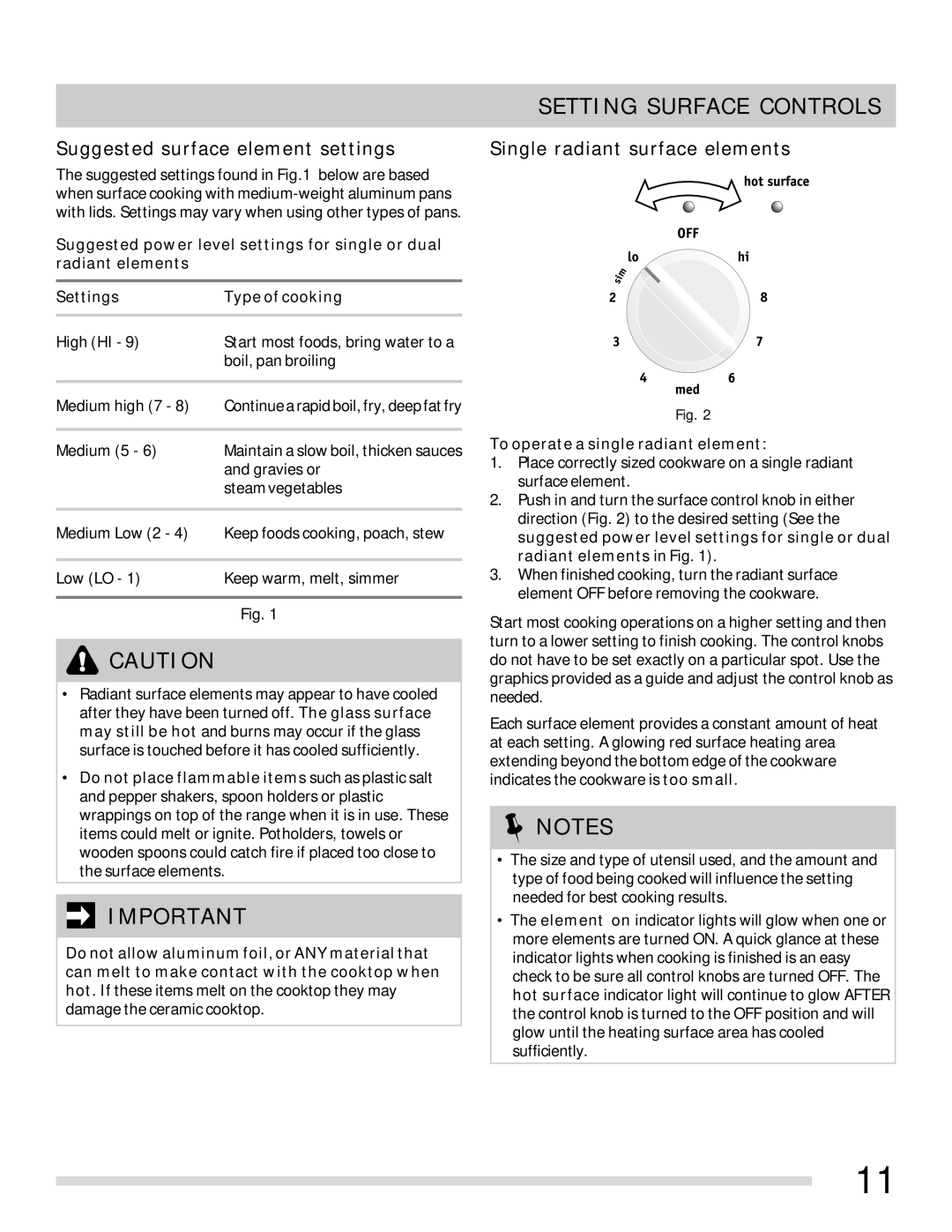 Frigidaire 316902315 Setting Surface Controls, Suggested surface element settings, Single radiant surface elements 