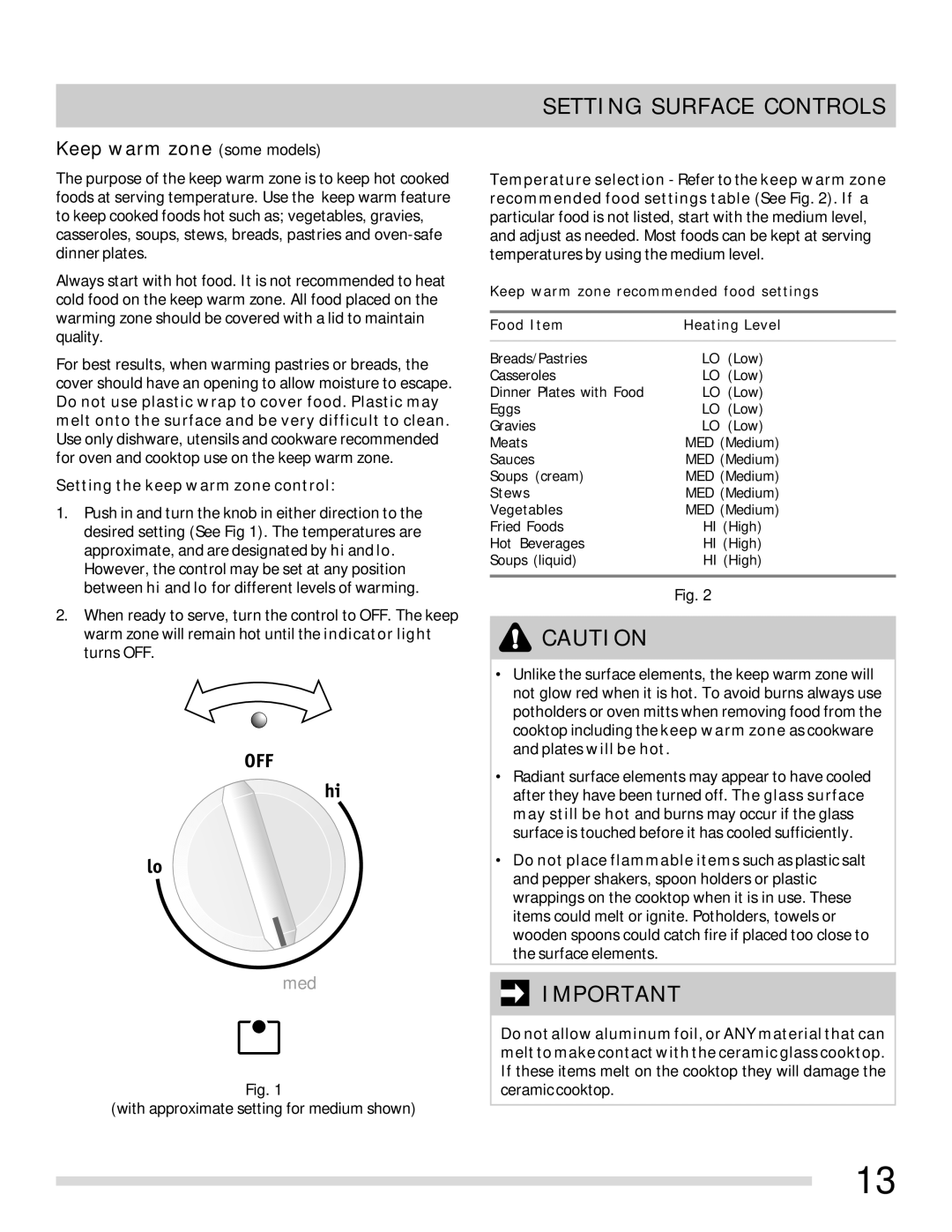 Frigidaire 316902315 important safety instructions Keep warm zone some models 