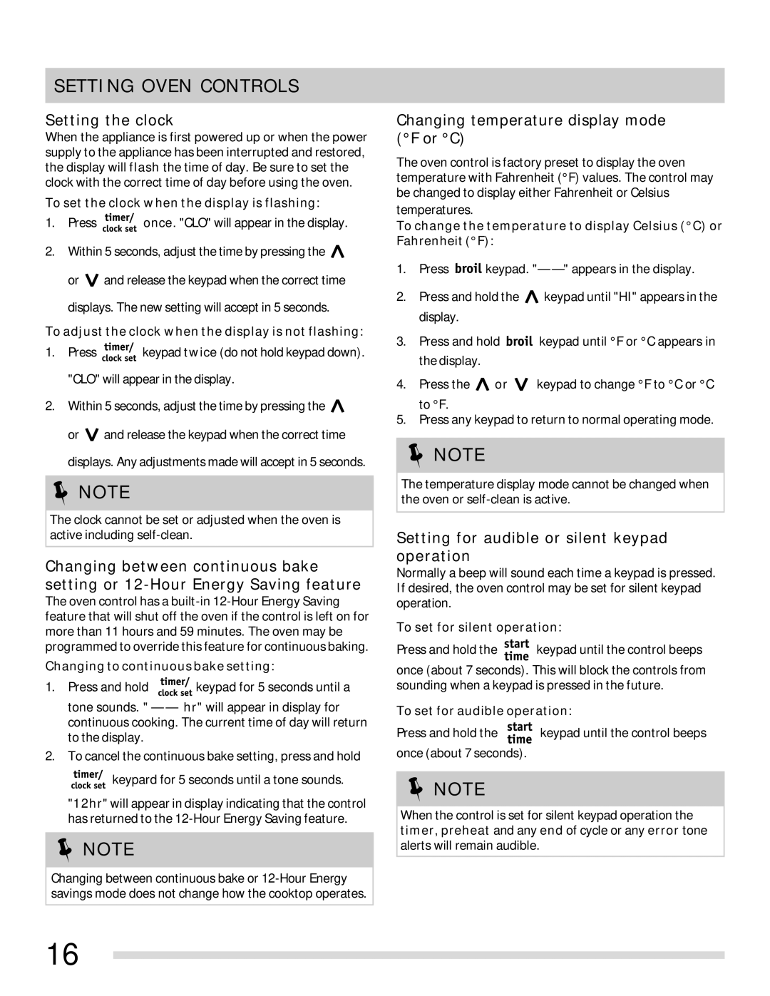 Frigidaire 316902315 Setting Oven Controls, Setting the clock, Changing temperature display mode F or C 