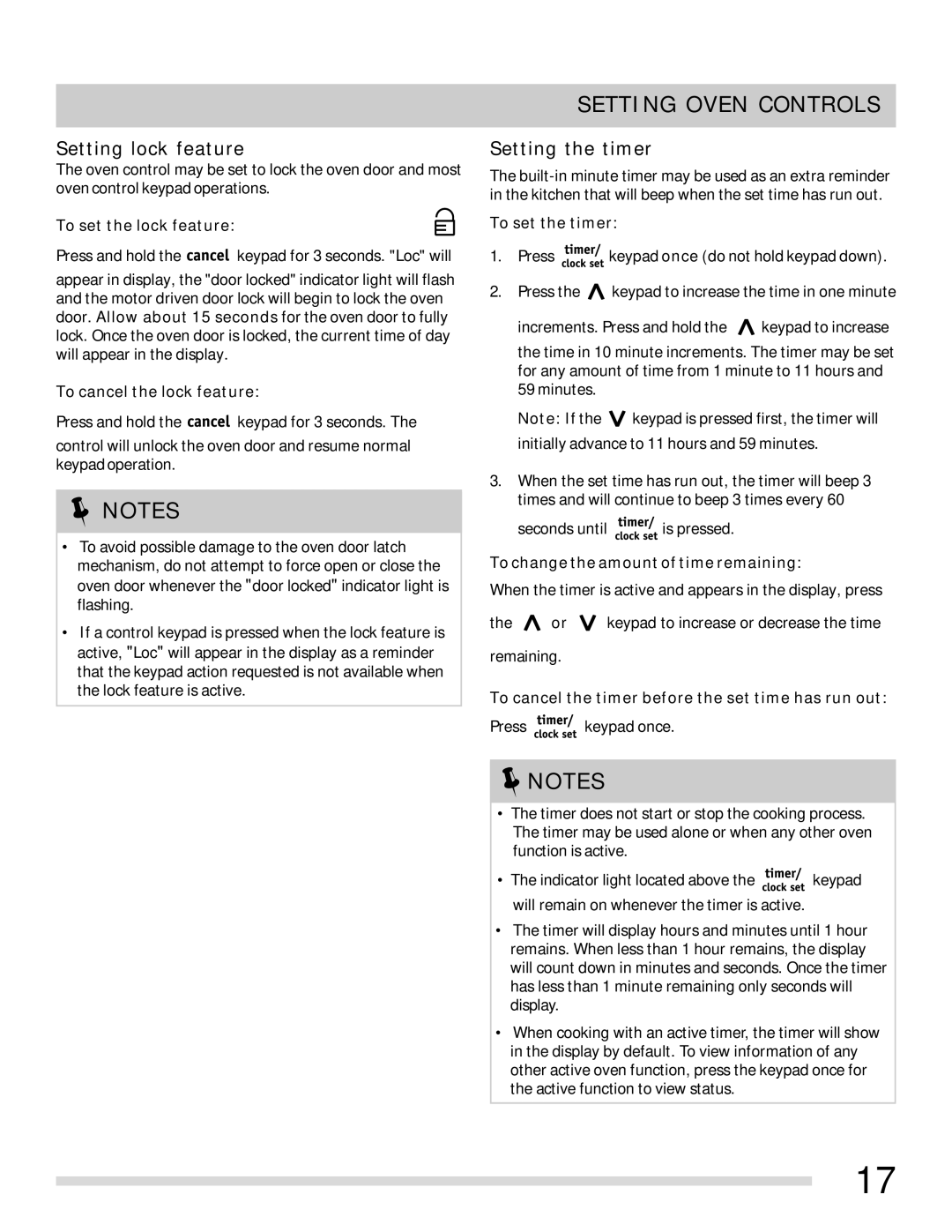 Frigidaire 316902315 important safety instructions Setting lock feature, Setting the timer 