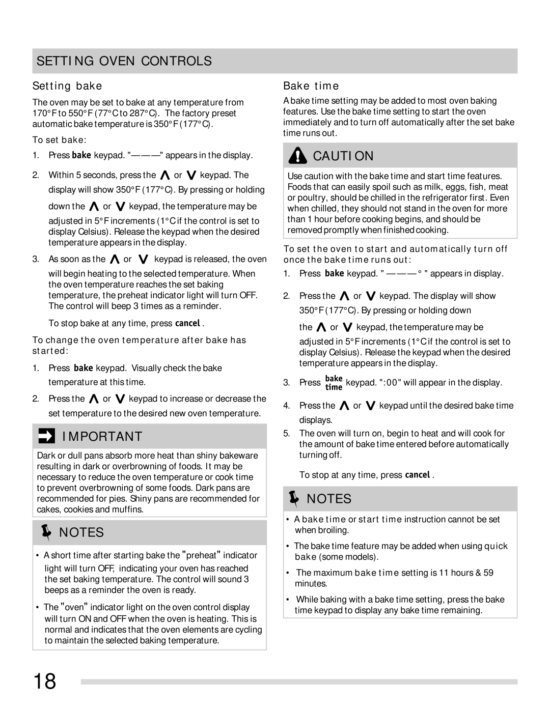 Frigidaire 316902315 Setting bake, Bake time, To set bake, To change the oven temperature after bake has started 