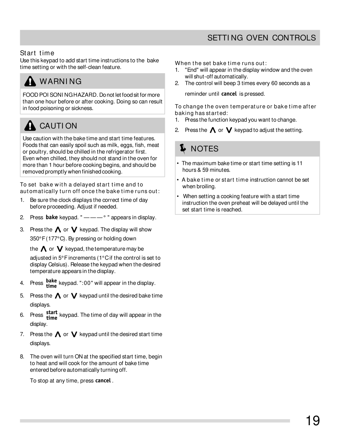 Frigidaire 316902315 important safety instructions Start time, When the set bake time runs out 