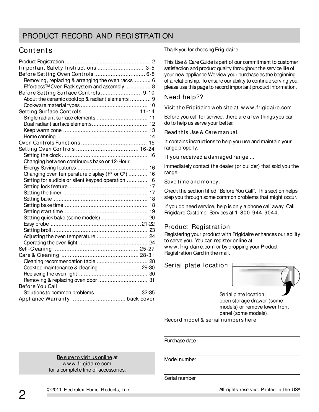 Frigidaire 316902315 important safety instructions Product Record and Registration, Contents 