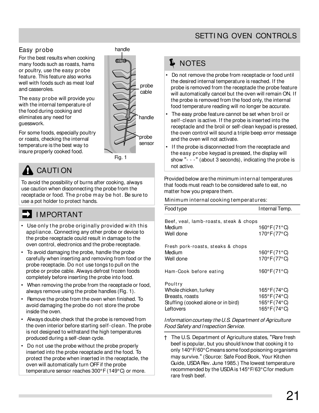 Frigidaire 316902315 important safety instructions Easy probe, Minimuminternalcookingtemperatures 