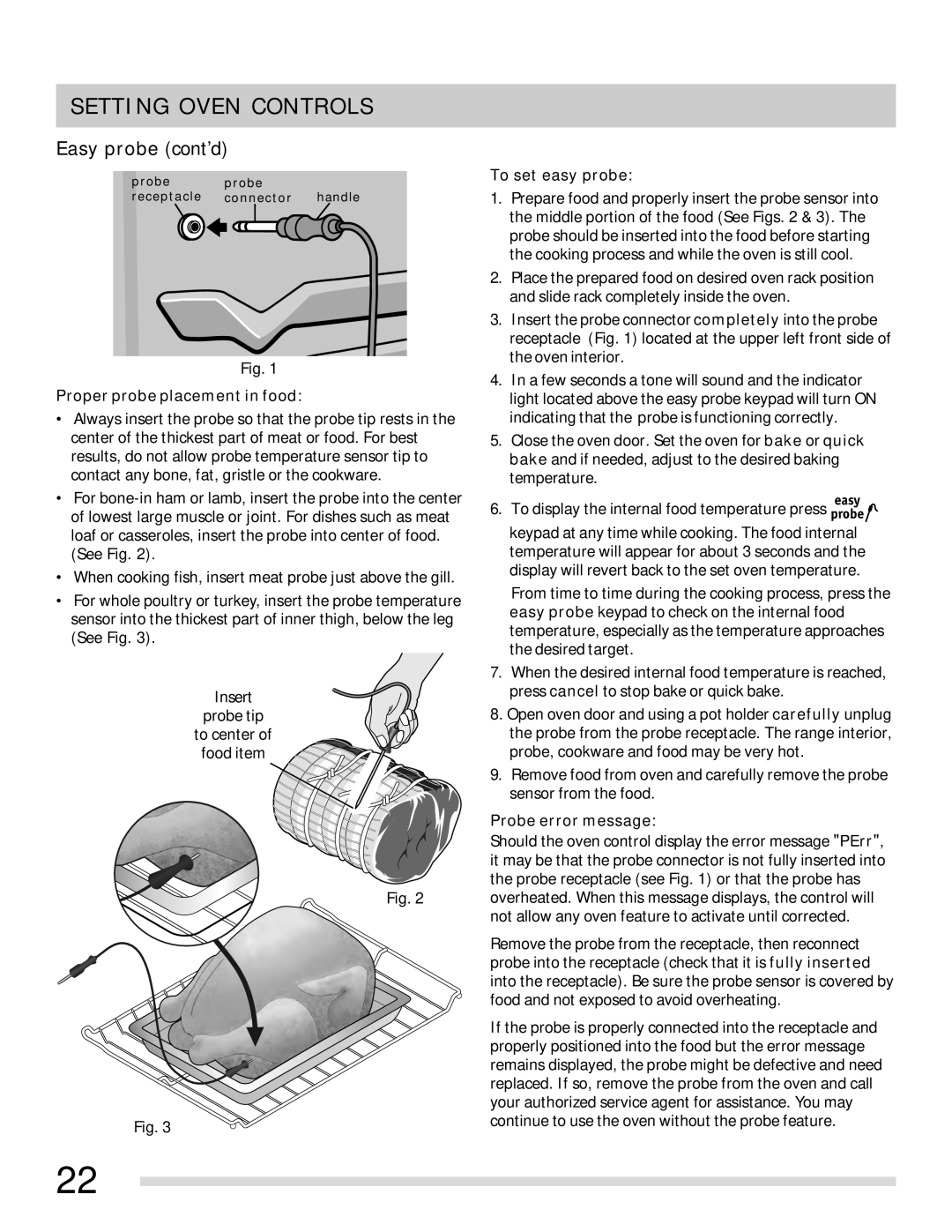 Frigidaire 316902315 Easy probe cont’d, Proper probe placement in food, To set easy probe, Probe error message 