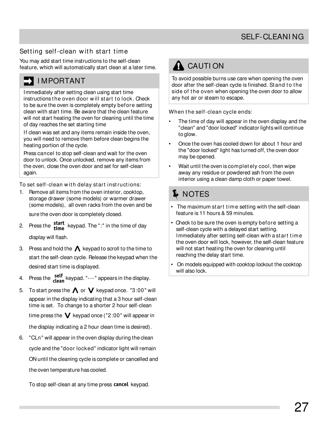 Frigidaire 316902315 Setting self-clean with start time, To set self-clean with delay start instructions 