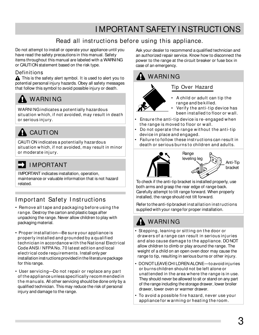 Frigidaire 316902315 important safety instructions Definitions, Tip Over Hazard 