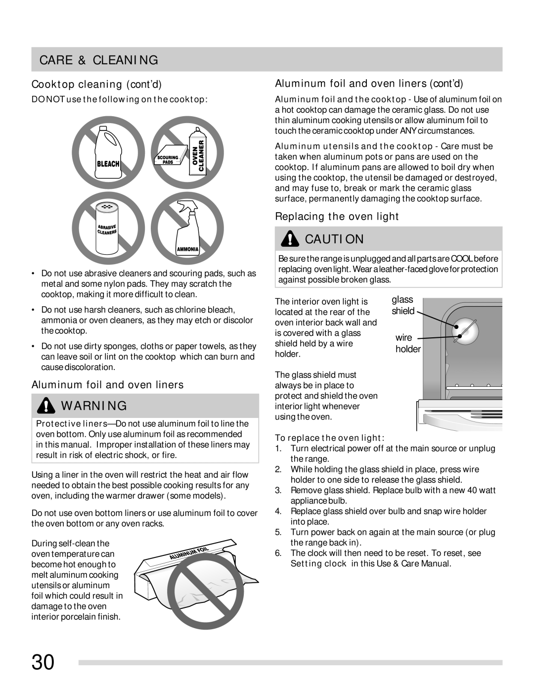 Frigidaire 316902315 Cooktop cleaning cont’d, Aluminum foil and oven liners cont’d, Replacing the oven light 