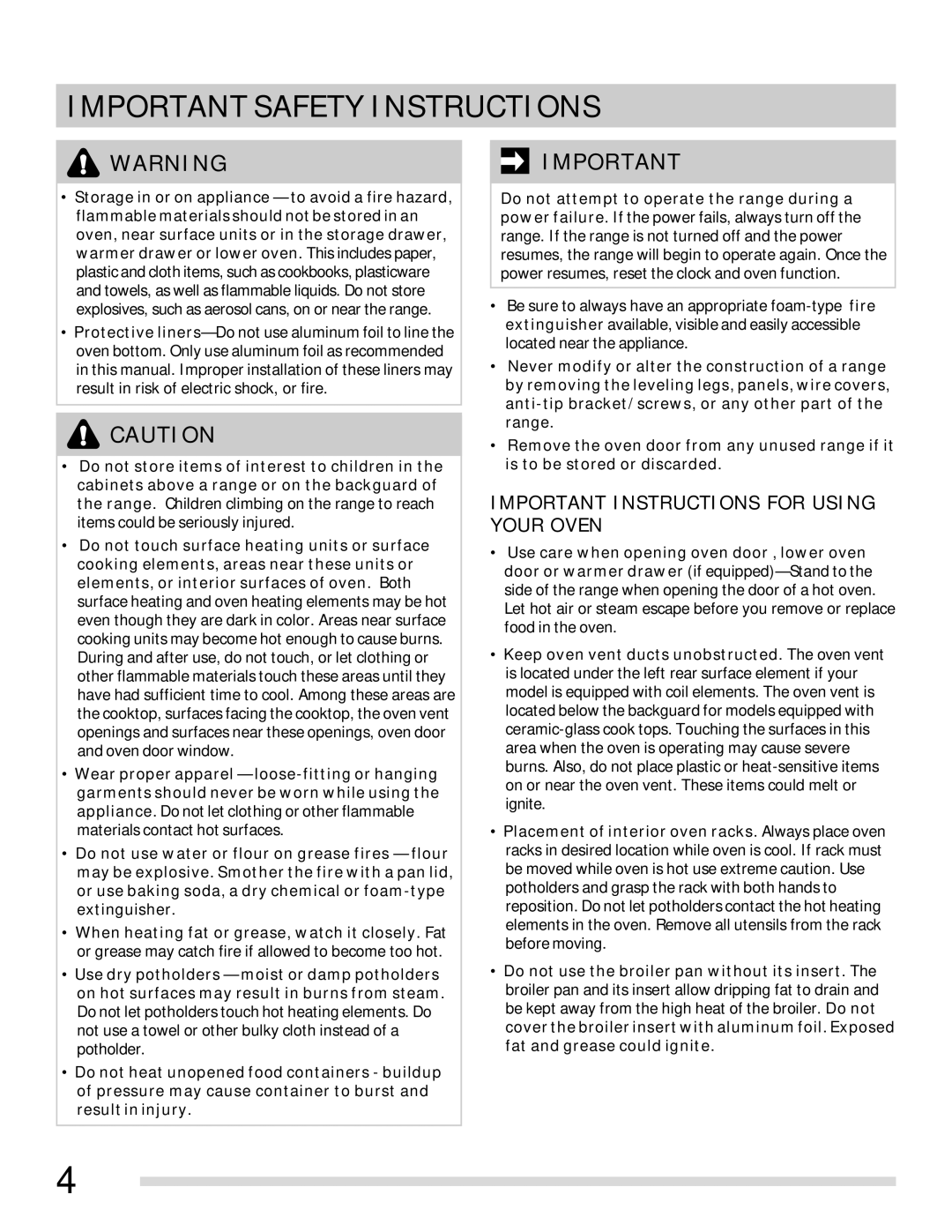 Frigidaire 316902315 important safety instructions Important Instructions for Using Your Oven 