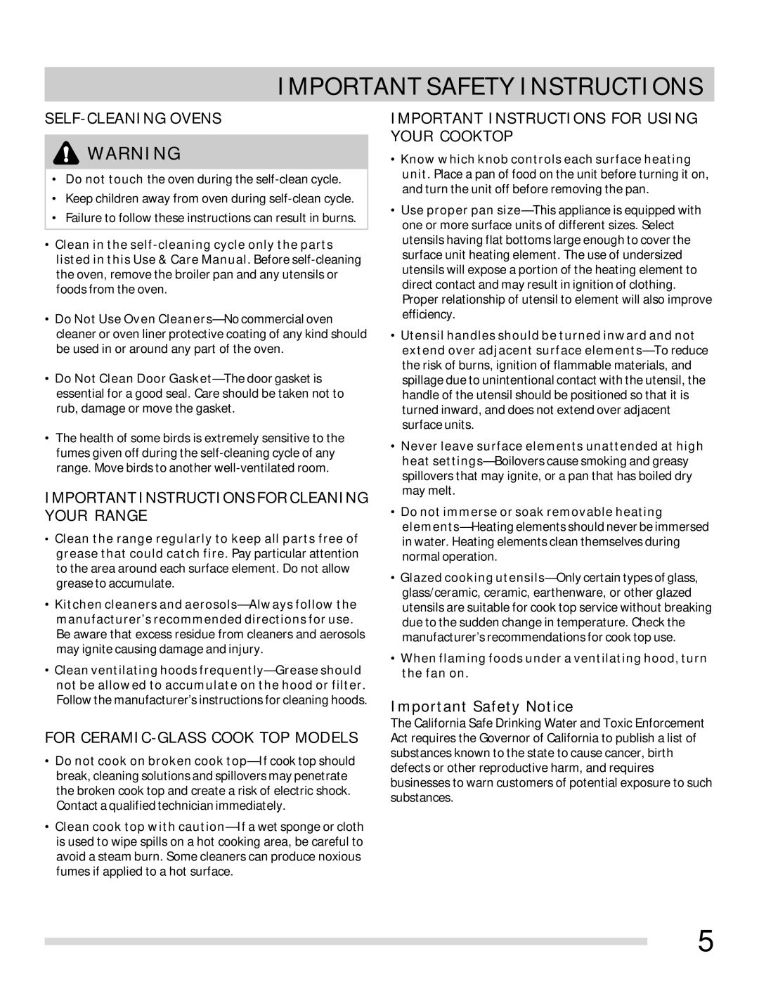 Frigidaire 316902315 Important Safety Notice, When flaming foods under a ventilating hood, turn the fan on 