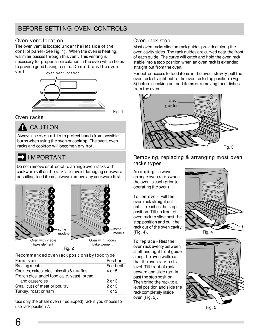 Frigidaire 316902315 Before Setting Oven Controls, Oven vent location, Oven racks, Oven rack stop 