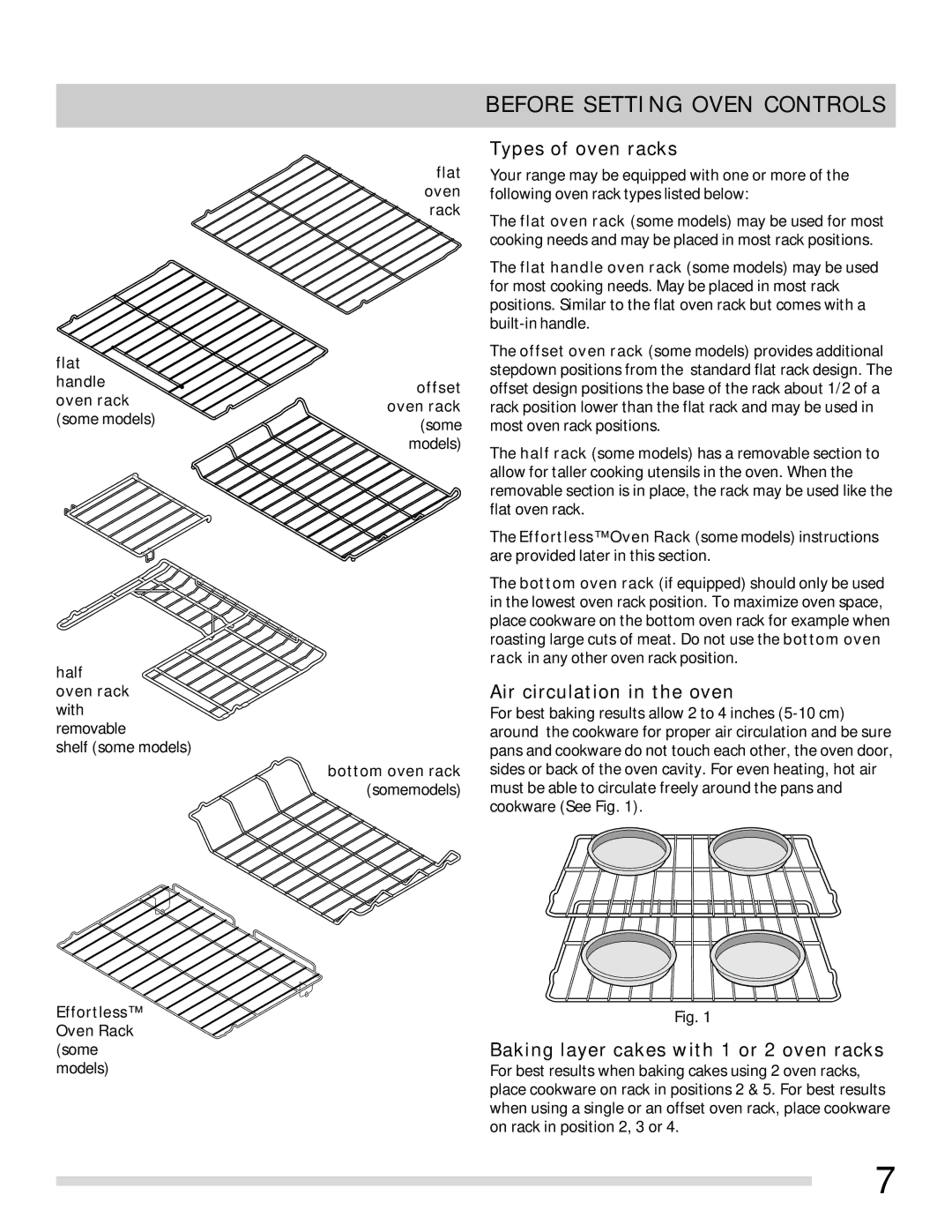 Frigidaire 316902315 Types of oven racks, Air circulation in the oven, Baking layer cakes with 1 or 2 oven racks 