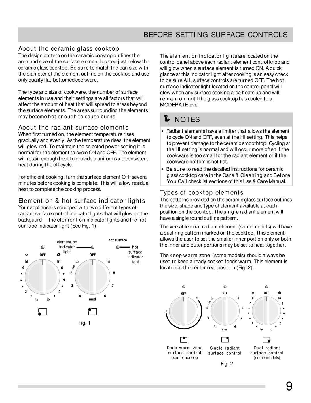Frigidaire 316902315 Before Setting Surface Controls, About the ceramic glass cooktop, About the radiant surface elements 