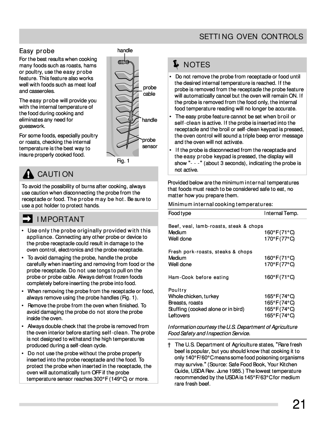 Frigidaire 316902315 important safety instructions Setting Oven Controls Notes, Easy probe 
