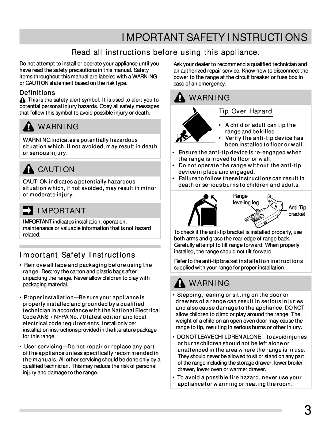 Frigidaire 316902315 Important Safety Instructions, Read all instructions before using this appliance, Definitions 