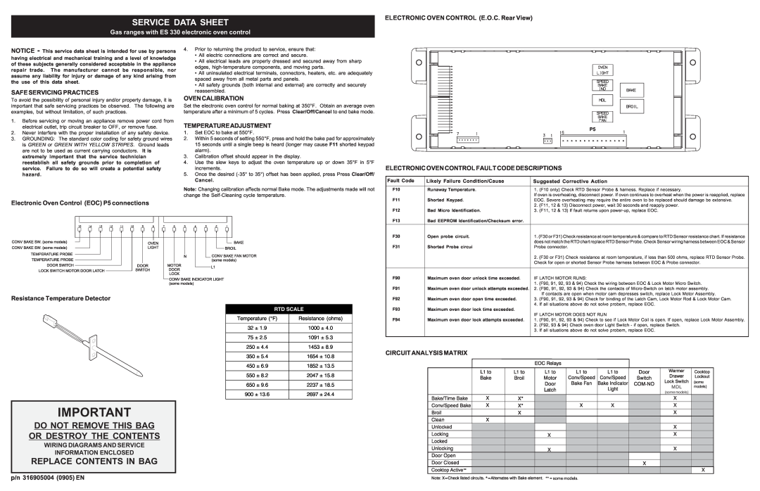 Frigidaire 316905004 manual Service Data Sheet, Gas ranges with ES 330 electronic oven control, Replace Contents In Bag 