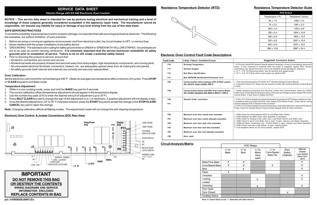 Frigidaire 316905028 manual Service Data Sheet 