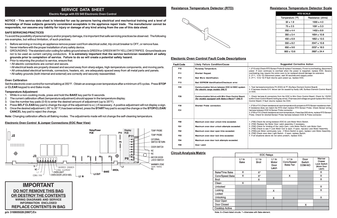 Frigidaire 316905028 manual Resistance Temperature Detector RTD, Resistance Temperature Detector Scale, Service Data Sheet 