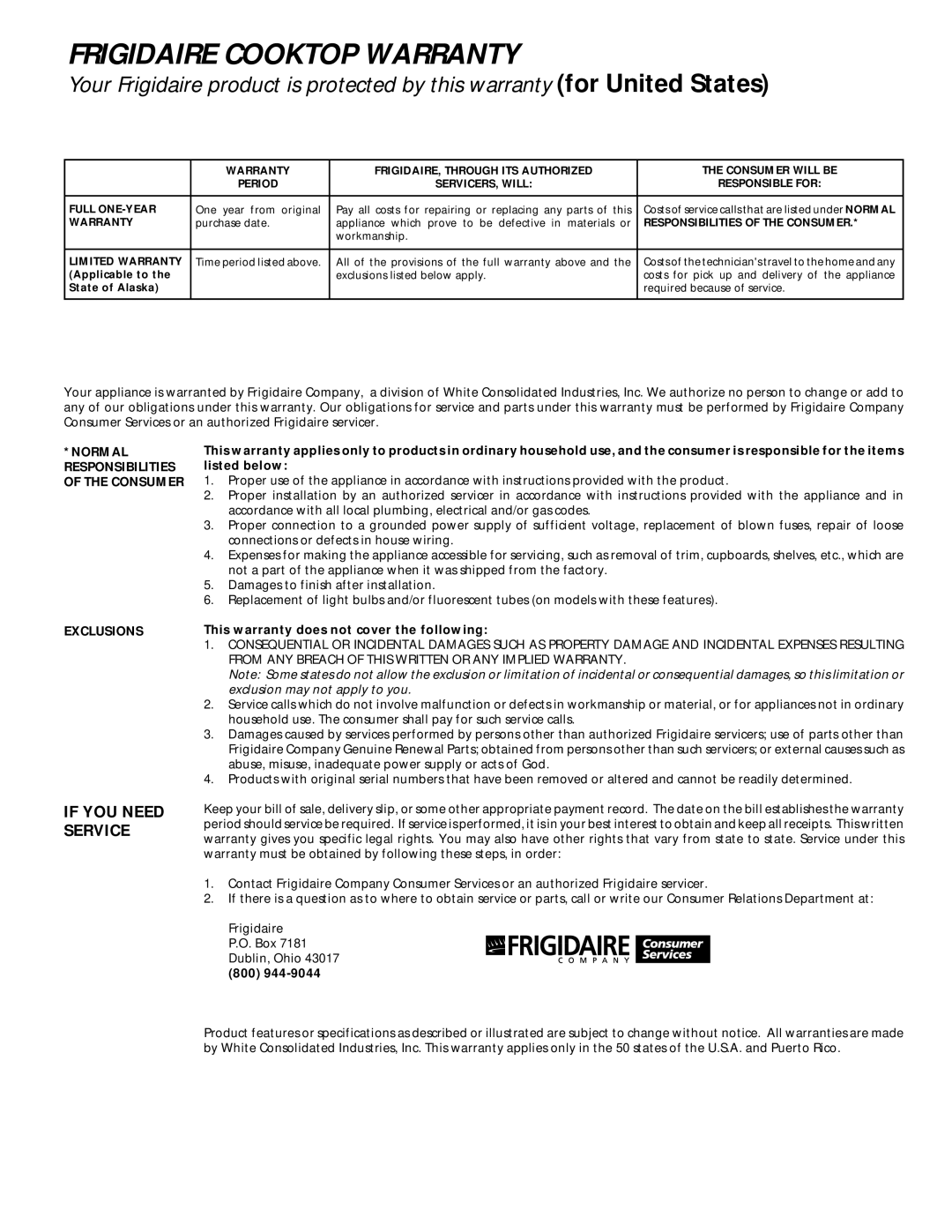 Frigidaire 318068118 important safety instructions Frigidaire Cooktop Warranty 